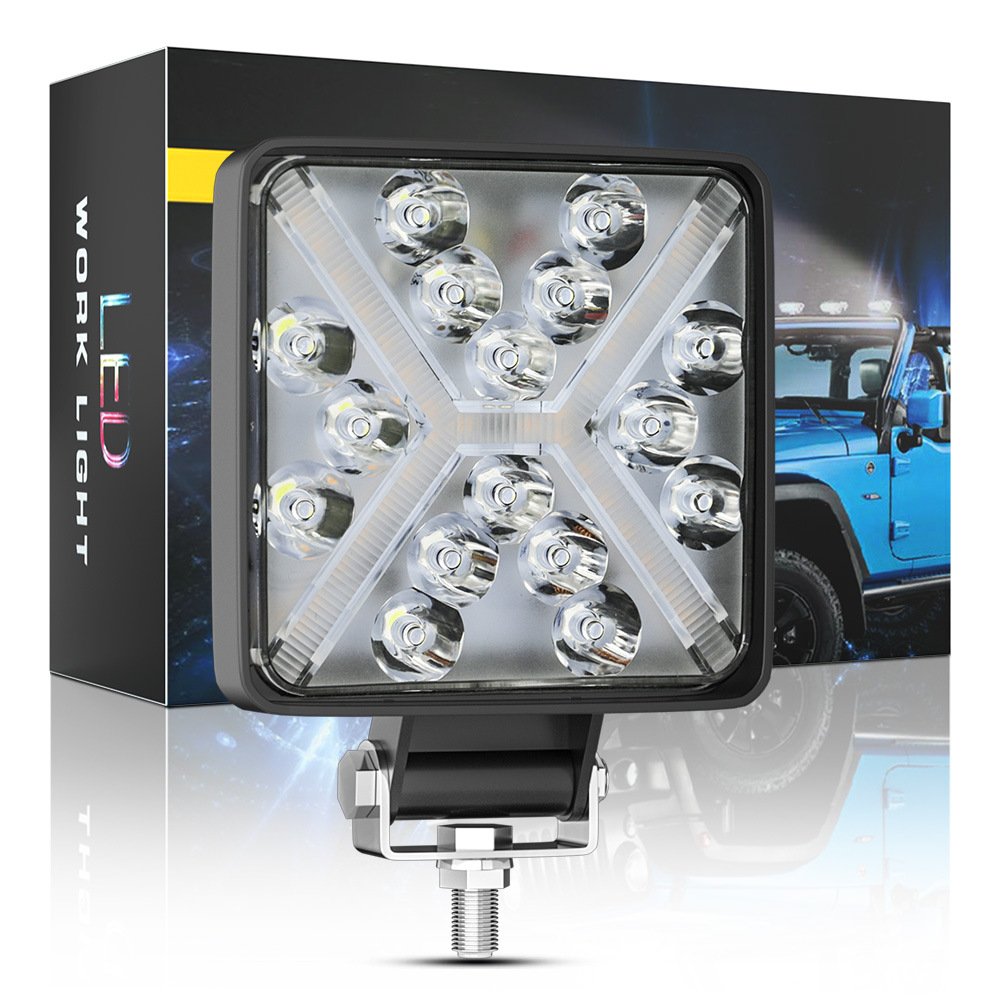Tenraytech 4-Inch Square 16LED Driving Light with DRL Angel Eye X-Shaped Halo