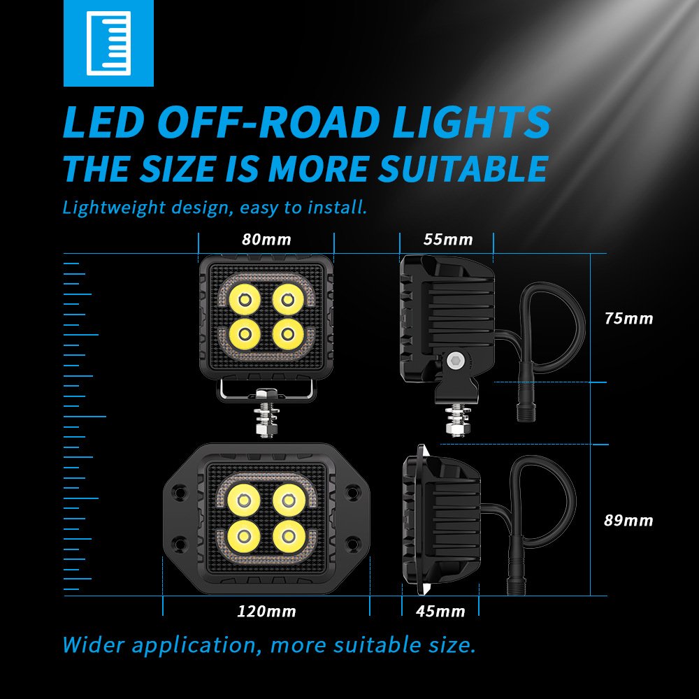 Tenraytech Black Warrior BF3 LED Work Light Kit – 2PCS Off-Road Auxiliary Light with Wiring Harness