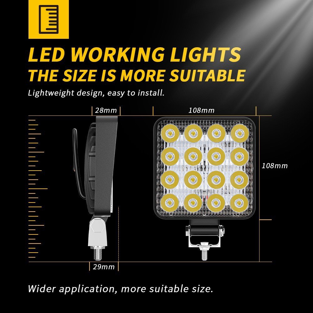 Tenraytech 28MM 4″ Square 16-LED 48W Work Light