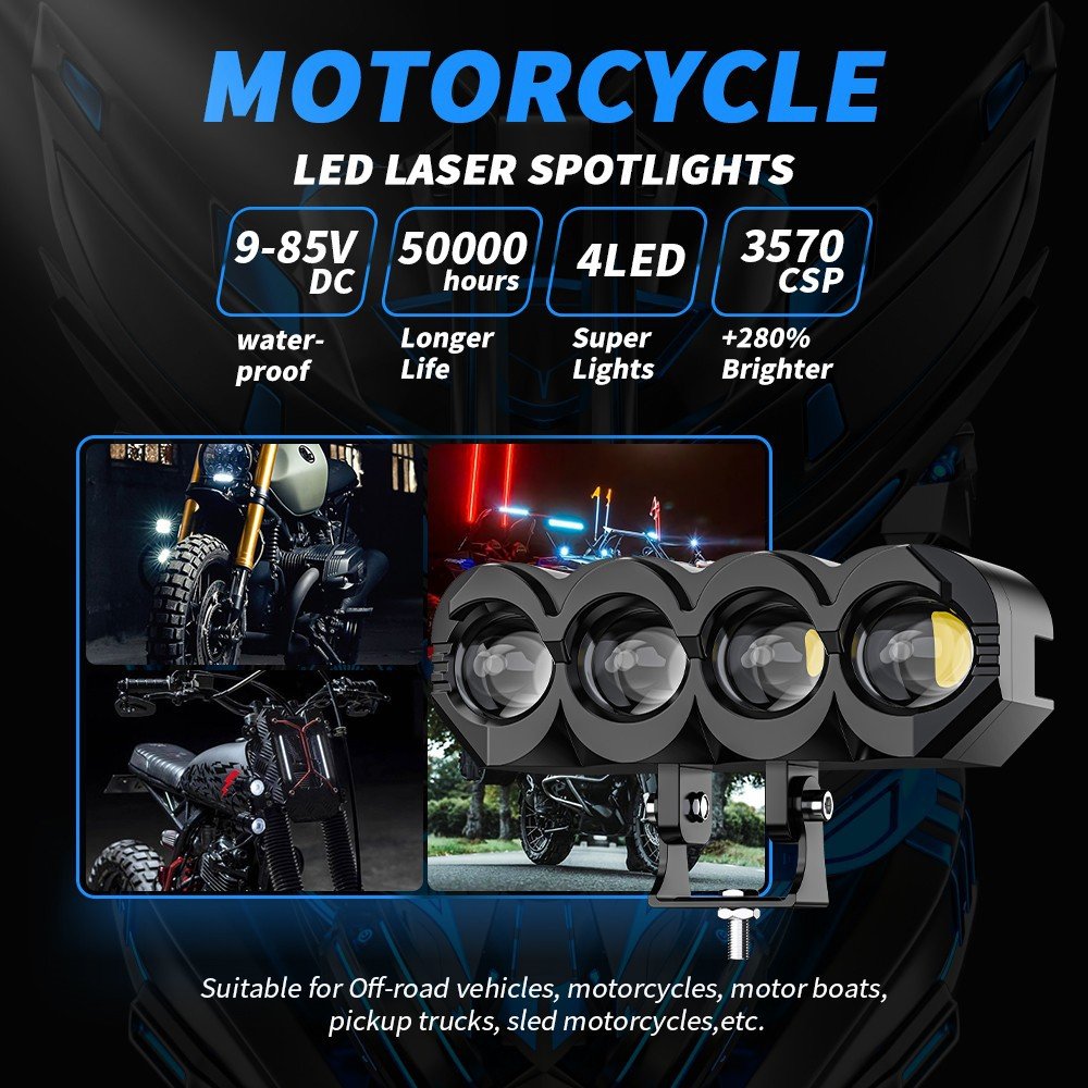 Tenraytech New 4‑Eye Owl LED Spotlight for Motorcycles (White & Yellow, Concentrated Beam)