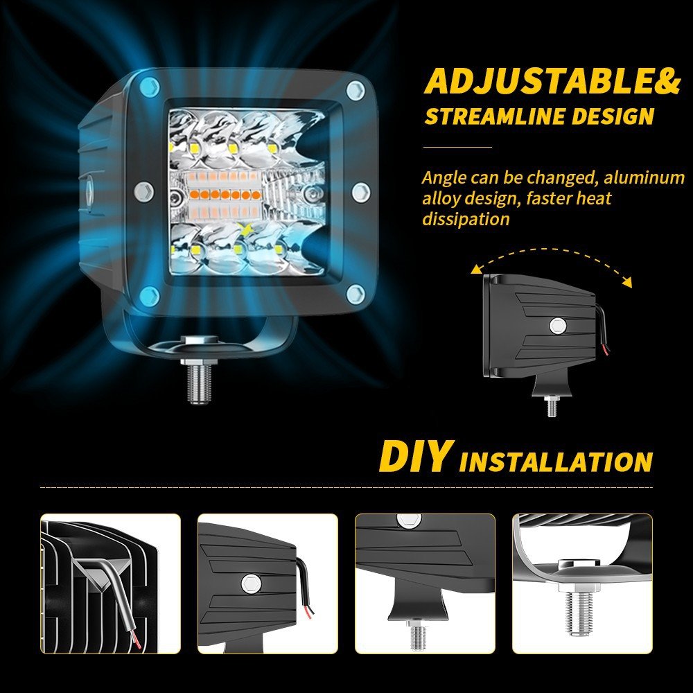 Tenraytech 3-Inch LED Work Light – White & Amber 6 Modes A-Pillar Pod Light Kit