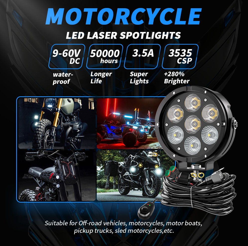 Tenraytech 100W 7-Bead Motorcycle LED Spotlight Kit with Wiring Harness