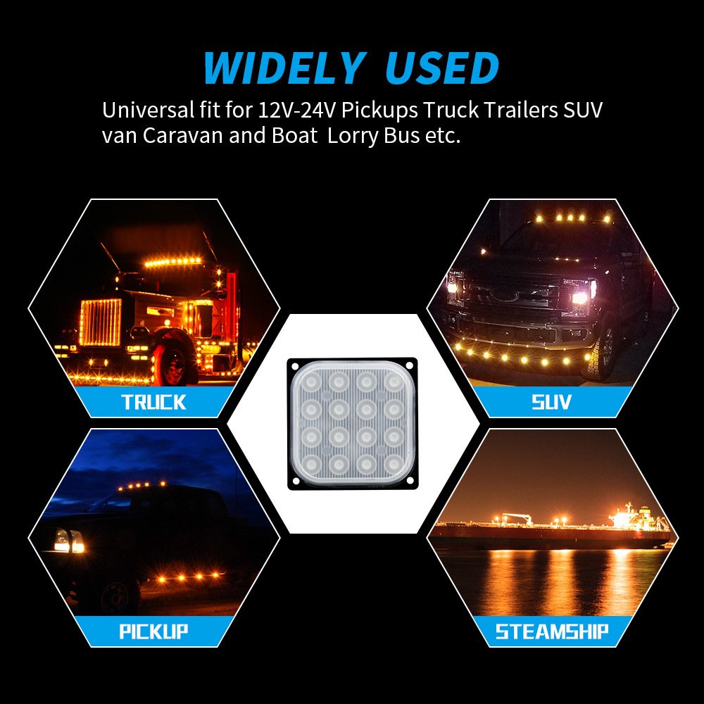 Tenraytech Square Ultra-thin 16-LED Side Warning Light, Strobe Flashing Light, Yellow Signal Light, Truck Tail Light